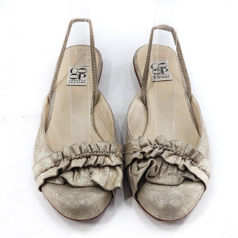 BARNEYS NEW YORK COOP Ruffle Gold Leather Slingback Flat Sandals